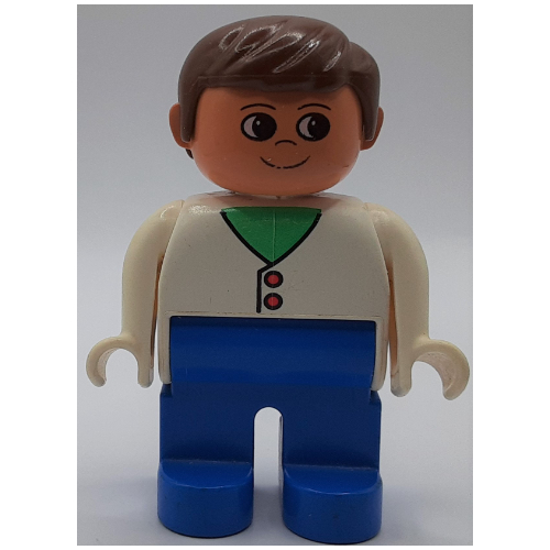 Visuel indicatif Rebrickable de Figurine Duplo, précoce, avec cheveux courts coupés marron, jambes bleues, cardigan avec 2 boutons et motif imprimé au cou vert moyen (Duplo Figure, Early, with Short Parted Hair Brown, Blue Legs, Cardigan with 2 Buttons and Medium Green Neck Print)