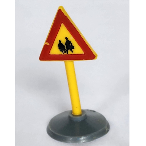 Visuel indicatif Rebrickable de Panneau routier ancien triangle avec passage piéton 2 personnes motif imprimé & type 1 base (Road Sign Old Triangle with Pedestrian Crossing 2 People Print & Type 1 Base)
