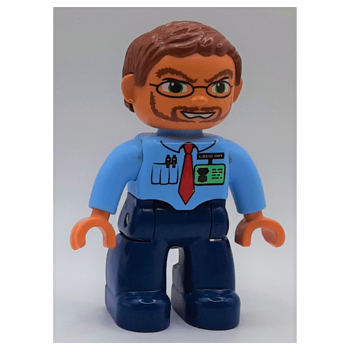 Visuel indicatif Rebrickable de Duplo figurine avec des cheveux ondulés séparés brun rougeâtre, jambes bleu foncé, chemise avec badge d'identité, poche et cravate rouge, barbe et lunettes motif imprimé (Duplo Figure with Parted Wavy Hair Reddish Brown, Dark Blue Legs, Shirt with ID Badge, Pocket, and Red Tie, Beard and Glasses Print)