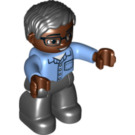 Visuel indicatif Rebrickable de Duplo figurine avec des cheveux ondulés séparés noir, avec des lunettes sur le visage brun foncé (Duplo Figure with Parted Wavy Hair Black, with Glasses on Dark Brown Face)