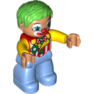Visuel indicatif Rebrickable de Duplo figurine avec des cheveux ondulés séparés vert vif, veste rayée avec noeud papillon - jambes bleues moyennes (Duplo Figure with Parted Wavy Hair Bright Green, Striped Jacket with Bow Tie - Medium Blue Legs)