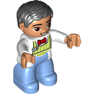 Visuel indicatif Rebrickable de Duplo figurine avec des cheveux ondulés séparés noir, jambes bleues moyennes, yeux ronds (Duplo Figure with Parted Wavy Hair Black, Medium Blue Legs, Round Eyes)