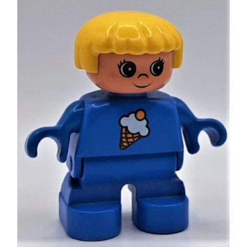 Visuel indicatif Rebrickable de Figurine Duplo, jeune enfant, avec cheveux raides jaune, jambes bleues, motif imprimé crème glacée (Duplo Figure, Early Child, with Straight Hair Yellow, Blue Legs, Ice Cream Print)