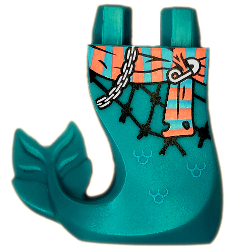 Queue, sirène courbée à droite avec ceinture corail/azur moyen, connecteur de sécurité, motif imprimé chaîne (Tail, Mermaid Curved Right with Coral/Medium Azure Sash, Safety Pin, Chain Print)