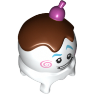 Tête de minifigurine Spécial, Saxophoniste de crème glacée, Sourcils azur, Tourbillon rose, haut brun rougeâtre avec motif imprimé cerise magenta (Minifig Head Special, Ice Cream Saxophonist, Azure Eyebrows, Pink Swirl, Reddish Brown Top with Magenta Cherry Print)