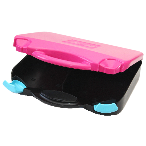 Étui de rangement, avec coins arrondis, couvercle magenta, verrous azur moyen (Storage Case, with Rounded Corners, Magenta Lid, Medium Azure Latches)