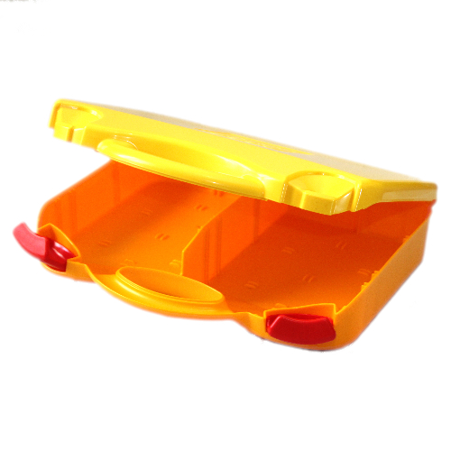 Étui de rangement, avec coins arrondis, couvercle jaune, verrous rouges (Storage Case, with Rounded Corners, Yellow Lid, Red Latches)