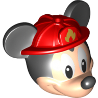 Tête de minifigurine spéciale avec les oreilles et le nez de la souris noire, rouge casque de pompier motif imprimé (souris mickey) (Minifig Head Special with Black Mouse Ears and Nose, Red Fire Fighter Helmet Print (Mickey Mouse))