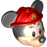 Tête de minifigurine spéciale avec les oreilles et le nez de la souris noire, casque de pompier rouge, cils motif imprimé (souris minnie) (Minifig Head Special with Black Mouse Ears and Nose, Red Fire Fighter Helmet, Eyelashes Print (Minnie Mouse))