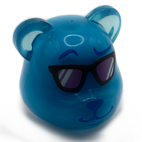 Tête de minifigurine spéciale, ours, sourcil surélevé bleu foncé, lunettes noires avec verre de lavande, motif imprimé oreilles vert d’eau clair (Minifig Head Special, Bear, Dark Blue Raised Eyebrow, Black Glasses with Lavender Glass, Light Aqua Ears Print)