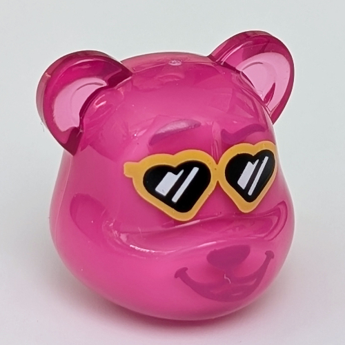 Tête de minifigurine Spécial, Ours, Sourcils surélevés violet foncé, Lunettes jaunes en forme de cœur avec motif imprimé de verre noir (Minifig Head Special, Bear, Dark Purple Raised Eyebrow, Yellow Heart-Shaped Glasses with Black Glass Print)