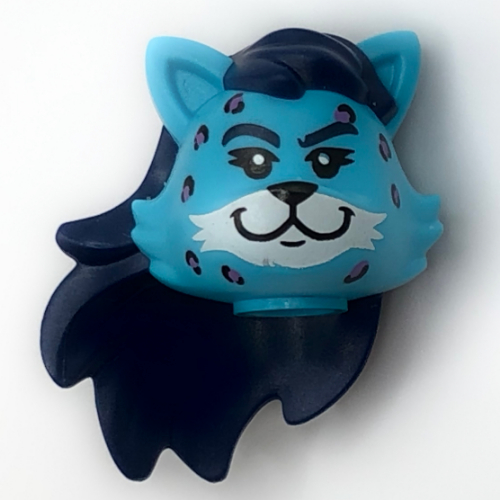 Tête de minifigurine Spécial, Guitariste léopard, chat aux cheveux bleu foncé, taches léopard, motif : visage blanc (Minifig Head Special, Leopard Guitarist, Cat with Dark Blue Hair, Leopard Spots, White Face Print)