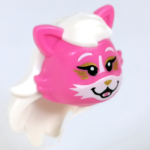 Tête de minifigurine spéciale, chat aux cheveux blancs, décorations dorées, motif imprimé visage blanc (kitten k-pawp) (Minifig Head Special, Cat with White Hair, Gold Decorations, White Face Print (Kitten K-Pawp))