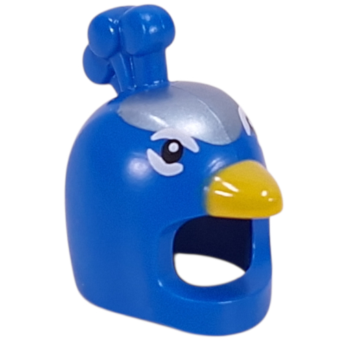 Costume / Masque, Paon avec bec jaune, yeux blancs, motif imprimé dessus bleu métal (Costume / Mask, Peacock with Yellow Beak, White Eyes, Metal Blue Top Print)