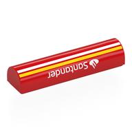 Visuel indicatif Rebrickable de Brique courbée 1 x 4 x 2/3 double, sans tenons avec motif imprimé blanc 'Santander', blanc et jaune (Brick Curved 1 x 4 x 2/3 Double, No Studs with White 'Santander', White and Yellow Stripes Print)