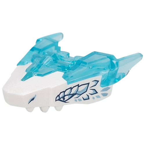 Visuel indicatif Rebrickable de Partie du corps de la créature, tête de dragon avec motif de cornes bleues transparent-claires, œil bleu foncé / bleu sable, écailles imprimé (Creature Body Part, Dragon Head with Trans-Light Blue Horns Pattern, Dark Blue/Sand Blue Eye, Scales Print)