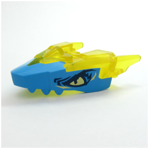 Visuel indicatif Rebrickable de Partie du corps de la créature, tête de dragon avec motif de cornes transparent-jaunes, motif imprimé Yeux jaunes (Creature Body Part, Dragon Head with Trans-Yellow Horns Pattern, Yellow Eyes Print)