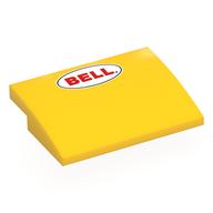 Visuel indicatif Rebrickable de Brique courbée 4 x 3 x 2/3 sans tenons avec 'BELL' rouge en noir ovale, blanc motif imprimé champ (Brick Curved 4 x 3 x 2/3 No Studs with Red 'BELL' in Black Oval, White Field Print)