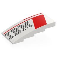 Visuel indicatif Rebrickable de Brique courbée 4 x 8 x 1 2/3 Non tenons avec formes rouges, motif imprimé logo IBM noir (Brick Curved 4 x 8 x 1 2/3 No Studs with Red Shapes, Black IBM Logo Print)