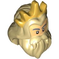 Masque, cheveux et barbe, sourcils gris bleuâtre foncé, visage beige chaud, yeux noirs, motif imprimé Couronne d'or (roi Triton) (Mask, Hair and Beard, Dark Bluish Grey Eyebrows, Warm Tan Face, Black Eyes, Gold Crown Print (King Triton))