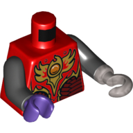 Torse, armure avec armure rouge foncé et or avec des écailles et feu chi emblème motif imprimé, bras noirs, main violet foncé à droite, crochet plat argent à gauche (Torso, Armor with Dark Red and Gold Armor with Scales and Fire Chi Emblem Print, Black Arms, Dark Purple Hand Right, Flat Silver Hook Left)