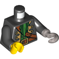 Torse, veste de capitaine pirate, ascot vert, bandoulière brun rougeâtre et motif imprimé ceinture, bras noirs, main jaune droite, crochet plat argenté gauche (Torso, Pirate Captain Jacket, Green Ascot, Reddish Brown Shoulder Strap and Belt Print, Black Arms, Yellow Hand Right, Flat Silver Hook Left)