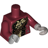 Visuel indicatif Rebrickable de Torse, veste pirate avec ascot beige, bandoulière marron foncé motif imprimé, bras rouge foncé, main droite gris clair bleuâtre, crochet argent plat gauche (Torso, Pirate Jacket with Tan Ascot, Dark Brown Shoulder Strap Print, Dark Red Arms, Light Bluish Gray Hand Right, Flat Silver Hook Left)