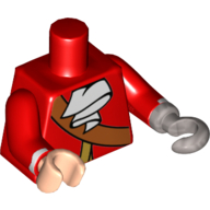 Visuel indicatif Rebrickable de Torse, manteau de pirate avec bordure dorée, ceinture croisée, motif imprimé ascot blanc, bras rouges avec bande blanche au poignet, main droite nougat clair, crochet plat argenté à gauche (Torso, Pirate Coat with Gold Trim, Crossbelt, White Ascot Print, Red Arms with White Stripe at Wrist, Light Nougat Right Hand, Flat Silver Left Hook)