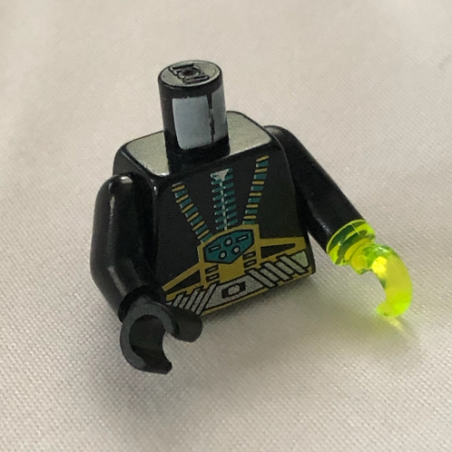 Visuel indicatif Rebrickable de Torse, combinaison, bracelets dorés et argentés, boîte de contrôle imprimé, bras noirs, main droite noire, crochet vert transparent-néon gauche (Torso, Wetsuit, Gold & Silver Straps, Control Box Print, Black Arms, Black Hand Right, Trans-Neon Green Hook Left)