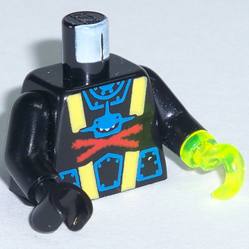 Torse, combinaison avec requin bleu avec motif imprimé rouge x, bras noirs, main droite noire, crochet vert transparent-néon à gauche (Torso, Wetsuit with Blue Shark with Red X Print, Black Arms, Black Hand Right, Trans-Neon Green Hook Left)