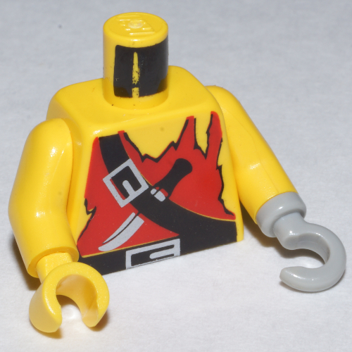Visuel indicatif Rebrickable de Torse, gilet, déchiqueté, couteau, et noir Crossbelt motif imprimé, bras jaunes, main jaune droite, crochet gris clair gauche (Torso, Vest, Ragged, Knife, and Black Crossbelt Print, Yellow Arms, Yellow Hand Right, Light Gray Hook Left)