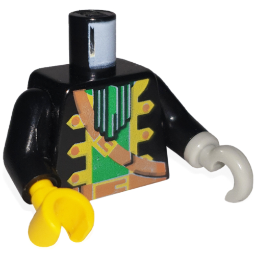 Torse, veste de capitaine pirate, ascot vert et maillot de corps, bandoulière marron et motif imprimé ceinture, bras noirs, main droite jaune, crochet gris clair à gauche (Torso, Pirate Captain Jacket, Green Ascot and Undershirt, Brown Shoulder Strap and Belt Print, Black Arms, Yellow Hand Right, Light Gray Hook Left)