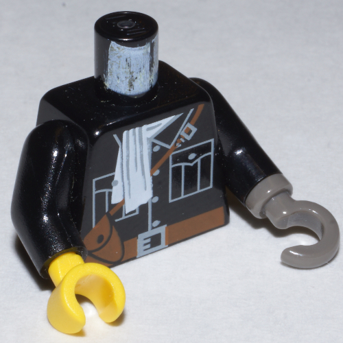 Visuel indicatif Rebrickable de Torse, veste, écharpe blanche, modèle imprimé ceinture marron, bras noirs, main jaune droite, crochet gris foncé gauche (Torso, Jacket, White Scarf, Brown Belt Print, Black Arms, Yellow Hand Right, Dark Gray Hook Left)