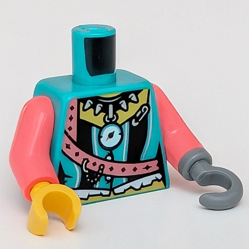 Visuel indicatif Rebrickable de Torse, corset, pendentif boussole, motif imprimé bracelet corail, bras corail, main jaune, crochet gauche gris bleu foncé (Torso, Corset, Compass Pendant, Coral Strap Print, Coral Arms, Yellow Hand, Dark Bluish Gray Left Hook)