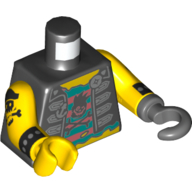 Visuel indicatif Rebrickable de Torse, veste, avec badge d'ancrage, ouvert sur turquoise foncé et corail sous-vêtement avec motif imprimé crâne et os croisés, bras jaunes avec motif imprimé tatouage crâne pirate, main droite jaune, crochet gris bleuté foncé gauche (Torso, Vest Jacket, with Anchor Badge, Open over Dark Turquoise and Coral Undershirt with Skull and Crossbones Print, Yellow Arms with Pirate Skull Tattoo Print, Yellow Hand Right, Dark Bluish Gray Hook Left)