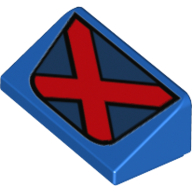 Visuel indicatif Rebrickable de Brique inclinée 30° 1 x 2 x 2/3 avec le rouge 'X' sur le motif imprimé de bannière bleu foncé (logo x-men) (Brick Sloped 30° 1 x 2 x 2/3 with Red 'X' on Dark Blue Banner Print (X-Men Logo))
