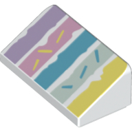 Visuel indicatif Rebrickable de Brique inclinée 30° 1 x 2 x 2/3 avec motif imprimé jaune clair vif, vert d’eau clair, azur moyen, rose foncé, lignes lavande moyens (Brick Sloped 30° 1 x 2 x 2/3 with Bright Light Yellow, Light Aqua, Medium Azure, Dark Pink, Medium Lavender Lines Print)