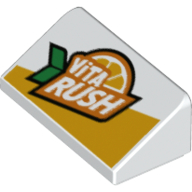Visuel indicatif Rebrickable de Brique inclinée 30° 1 x 2 x 2/3 avec motif imprimé 'VITA RUSH' et tranche orange (Brick Sloped 30° 1 x 2 x 2/3 with 'VITA RUSH' and Orange Slice Print)