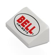 Visuel indicatif Rebrickable de Brique inclinée 30° 1 x 2 x 2/3 avec inscriptions 'BELL' rouge et 'HELMETS' noire dans un ovale noir (Brick Sloped 30° 1 x 2 x 2/3 with Red 'BELL', Black 'HELMETS' in Black Oval Print)
