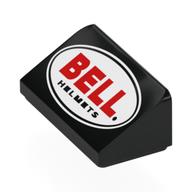Visuel indicatif Rebrickable de Brique inclinée 30° 1 x 2 x 2/3 avec inscriptions 'BELL' rouge et 'HELMETS' noire, ovale noir et zone blanche (Brick Sloped 30° 1 x 2 x 2/3 with Red 'BELL', Black 'HELMETS' in Black Oval, White Field Print)