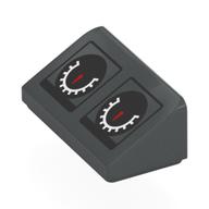 Visuel indicatif Rebrickable de Brique inclinée 30° 1 x 2 x 2/3 avec compteurs de vitesse noirs, écailles blanches, motif imprimé Aiguilles rouges (Brick Sloped 30° 1 x 2 x 2/3 with Black Speedometers, White Scales, Red Needles Print)