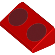 Brique inclinée 30° 1 x 2 x 2/3 avec 2 cercles rouges foncés motif imprimé (Brick Sloped 30° 1 x 2 x 2/3 with 2 Dark Red Circles Print)