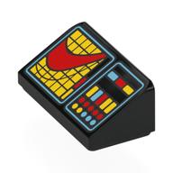 Visuel indicatif Rebrickable de Brique inclinée 30° 1 x 2 x 2/3 avec panneau de commande rouge/jaune/bleu clair, motif imprimé graphique jaune/rouge (entreprise) (Brick Sloped 30° 1 x 2 x 2/3 with Red/Yellow/Bright Light Blue Control Panel, Yellow/Red Graph (Enterprise) Print)