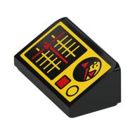 Visuel indicatif Rebrickable de Brique inclinée 30° 1 x 2 x 2/3 avec panneau de contrôle jaune, grille avec marqueur rouge, radar, motif imprimé boutons (Brick Sloped 30° 1 x 2 x 2/3 with Yellow Control Panel, Grid with Red Marker, Radar, Buttons Print)