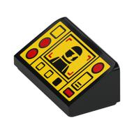 Visuel indicatif Rebrickable de Brique inclinée 30° 1 x 2 x 2/3 avec panneau de contrôle jaune, figurine noire, motif imprimé Boutons rouges (Brick Sloped 30° 1 x 2 x 2/3 with Yellow Control Panel, Black Minifig, Red Buttons Print)