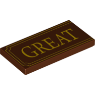 Visuel indicatif Rebrickable de Tuile 2 x 4 avec motif imprimé jaune 'GREAT' et fantaisie (Tile 2 x 4 with Yellow 'GREAT' and Fancy Outline Print)