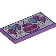 Visuel indicatif Rebrickable de Tuile 2 x 4 avec gâteau d'anniversaire coloré et ballons sur fond blanc motif imprimé (Tile 2 x 4 with Colored Birthday Cake and Balloons on White Background Print)