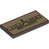 Visuel indicatif Rebrickable de Tuile 2 x 4 avec motif imprimé 'Chez Albert Restaurant' noir stylisé sur fond beige (Tile 2 x 4 with Stylised Black 'Chez Albert Restaurant' Print on Tan Background)