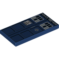 Visuel indicatif Rebrickable de Tuile 2 x 4 avec blanc 'POLICE BOX', carrés noirs, fenêtres blanches, notice et poignée de porte motif imprimé (tardis) (Tile 2 x 4 with White 'POLICE BOX', Black Squares, White Windows, Notice and Door Handle Print (TARDIS))
