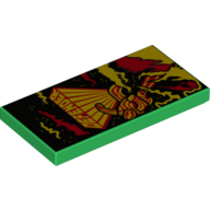 Visuel indicatif Rebrickable de Tuile 2 x 4 avec figurine 'DEFENDER' jaune et rouge à rayures, fumée et feu (Tile 2 x 4 with Yellow and Red 'DEFENDER' Figure with Stripes - Smoke and Fire Print)